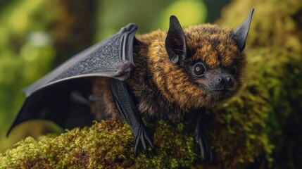 Obraz premium Close-up of a bat resting on mossy branches.