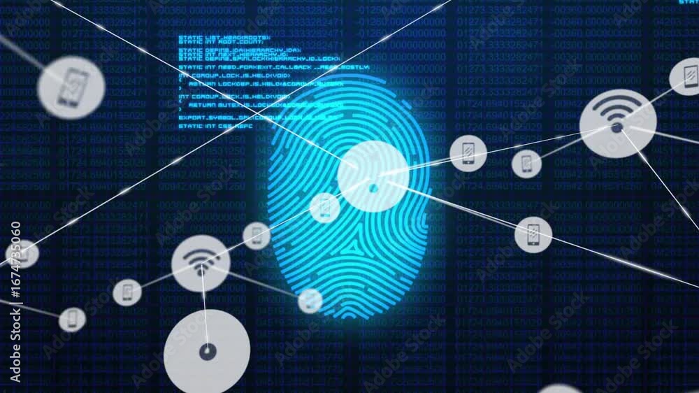 Aufkleber fingerprint fading into grid, pulsing scan initiating tech network linking device and wi-fi icons