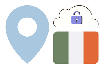 Blue location pin next to a cloud with a lock and Irish flag highlights data privacy. Ideal for cloud security, geolocation, privacy laws, cybersecurity, national data, GDPR, simple flat metaphor