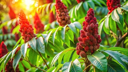 Dense foliage of deer-horned sumac tree in bloom with vibrant red berries and branches stretching towards sunlight