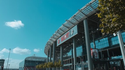 Obraz premium Modern stadium exterior under a clear blue sky.