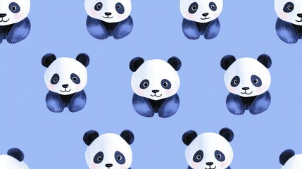 Fototapeta premium Cute panda seamless pattern on blue background