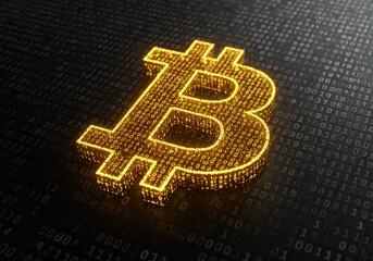 The glowing Bitcoin symbol is set against a binary code background, representing digital finance.