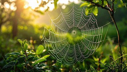 Spider web with dew drops glistening in morning sunlight, surrounded by green leaves and plants in natural outdoor setting, creating peaceful and fresh atmosphere