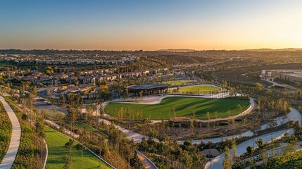 Panoramic sunset view of a sprawling park with green fields, walking paths, and a community building.