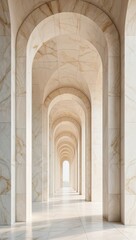 Fototapeta premium Marble arch hallway, endless perspective, elegant architectural design, luxury corridor, classical symmetry, soft natural light, refined interior, modern classic style, grand structure, serene space