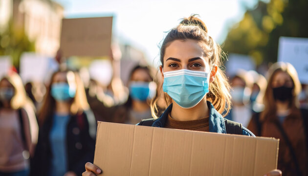 Young woman wearing face mask holding blank cardboard sign during protest with crowd in background, expressing determination and hope in outdoor demonstration