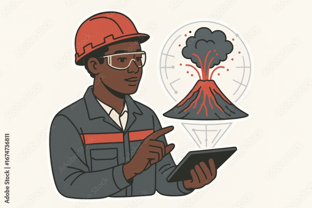 Aufkleber skilled engineer analyzing volcanic activity data with digital tablet while visualizing eruption pat
