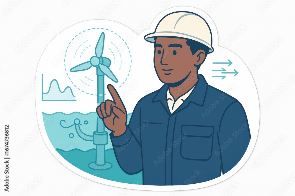 Aufkleber a professional engineer enthusiastically discussing renewable energy solutions with a wind turbine b