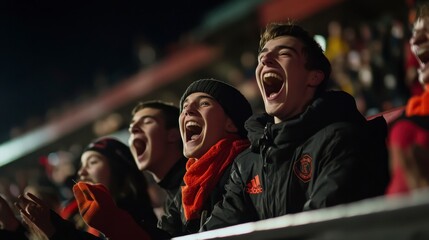 Excited young sports fans cheering at a night game, mouths open in joyful shouts.