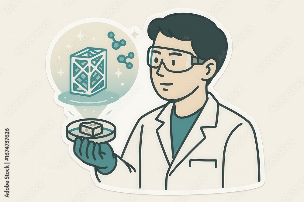 Poster scientist presenting a concept of advanced molecular structure with a detailed transparent model on 