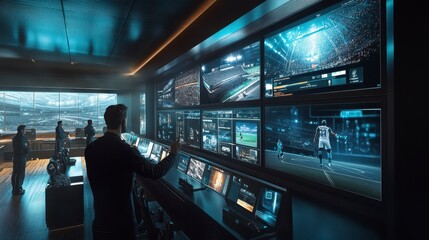 Control room operators monitoring multiple screens displaying sports events and data.