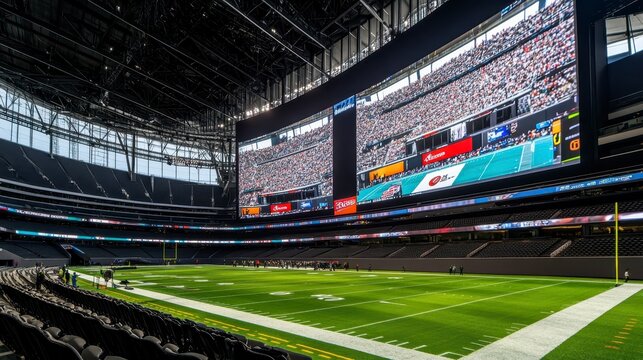 Modern stadium interior with massive scoreboard displaying crowd, empty field, and seating.