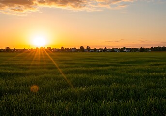 Serene Sunset Over a Green Field and Village. Generative Ai