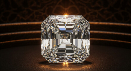 A magnificent emerald-cut diamond shines with brilliant facets against a dramatic and luxurious dark background.