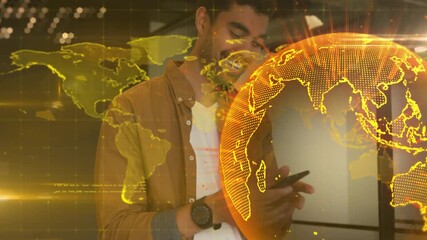 Casual man tapping smartphone and showing globe overlay while making business call in modern office - Powered by Adobe