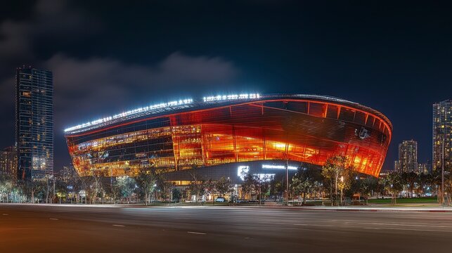 Night view of a modern, illuminated arena with city skyline in background.
