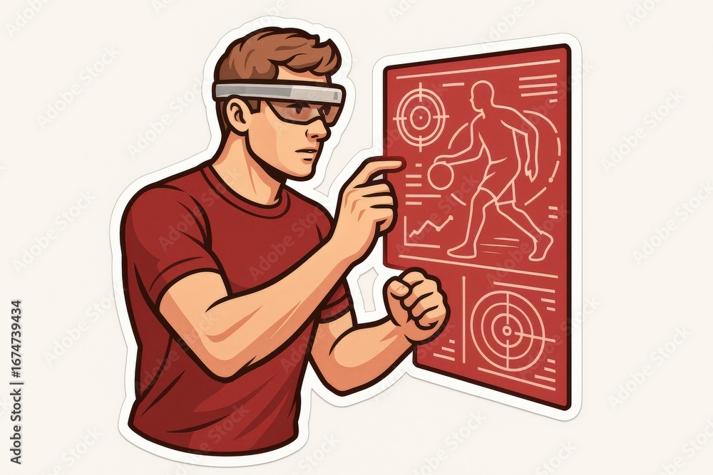 Aufkleber young man interacting with augmented reality interface showcasing sports analytics and performance m