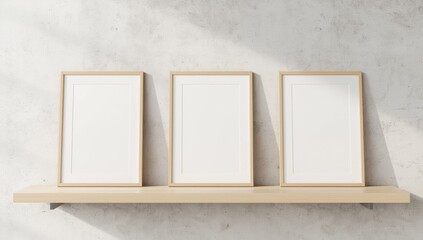 Three blank white picture frames with light wood borders stand vertically on a light wood shelf against a textured concrete wall with soft natural light casting shadows