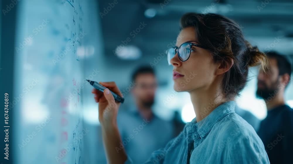 Poster focused medium shot of a data analyst adjusting coefficients on a whiteboard covered in mathematical
