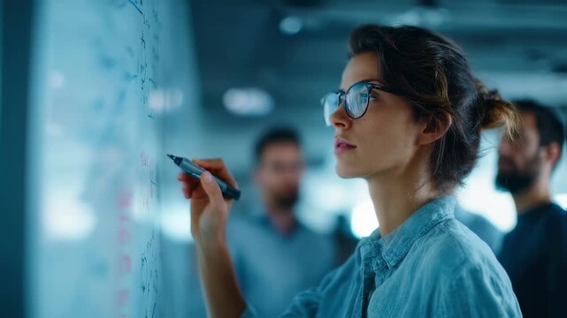 Focused medium shot of a data analyst adjusting coefficients on a whiteboard covered in mathematical models while the rest of the team remains softly out of focus behind.