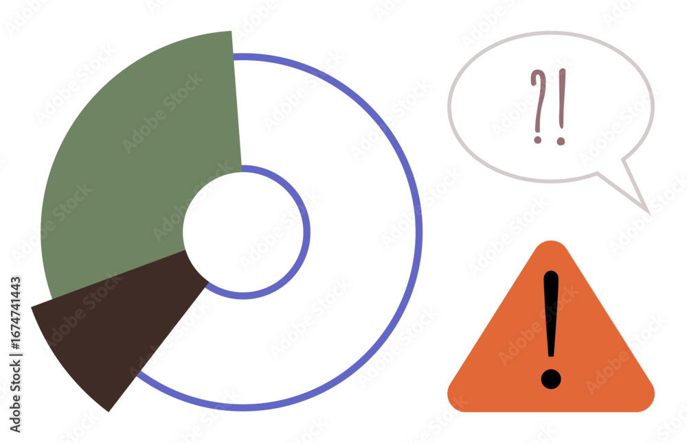 Poster circular chart with segmented data sections, warning triangle with exclamation mark, and speech bubb