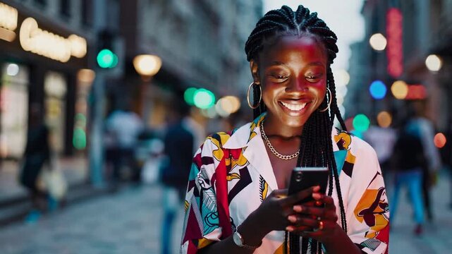 young, fashionable African descent woman using smartphone application outdoors, representing concepts of modern communication, mobile technology, and youth culture