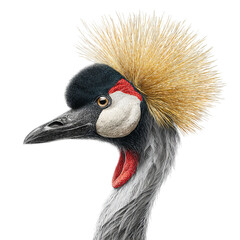 Fototapeta premium Png of close up portrait of a grey crowned crane head isolated on transparent background, showcasing its elegant plumage and distinctive golden crest