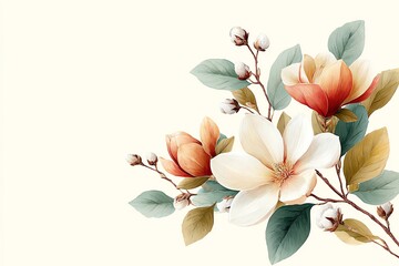 watercolor magnolia blossoms with cotton stems arranged as a left-bottom corner composition