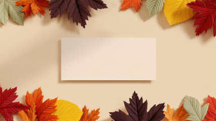 Autumn leaves frame blank beige card with warm fall colors creating cozy seasonal atmosphere for text or message