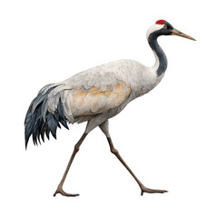 Obraz premium Png of isolated on transparent background, a common crane walking, showcasing its gray plumage, long legs, and distinctive red crown in a side view