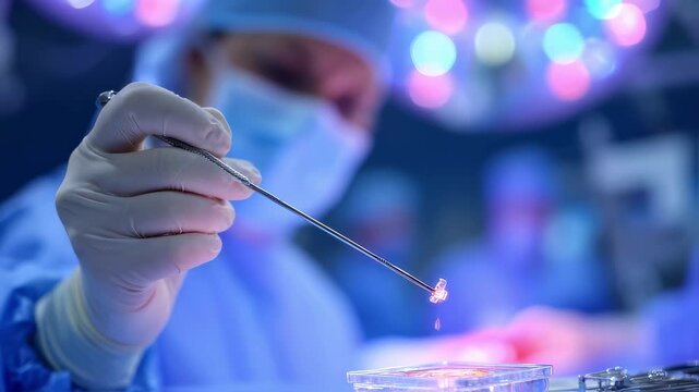 Medium shot showing the tip of a quantumsensor probe precisely mapping tumor margins surgeons hand in foreground with an indistinct operating room and equipment behind.
