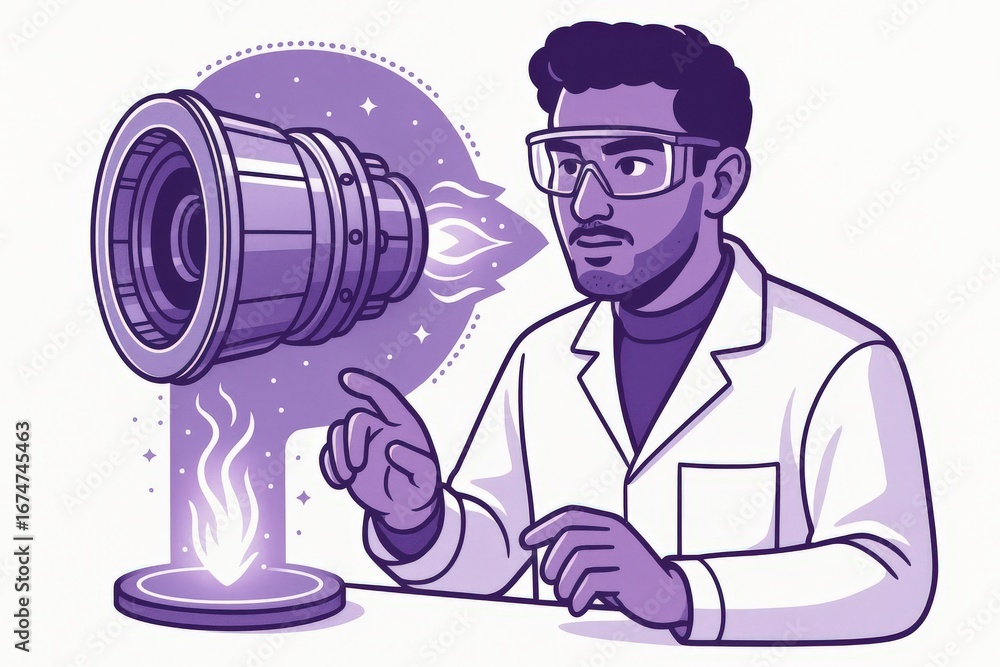 Poster experimental scientist illustrating progressive engineering concepts with a high-velocity jet propul