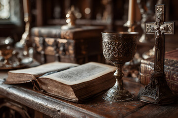 Fototapeta premium Chalice, Bible and altar cross.