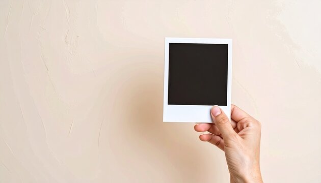 A hand holds a blank polaroid photo against a neutral, cream-colored background.