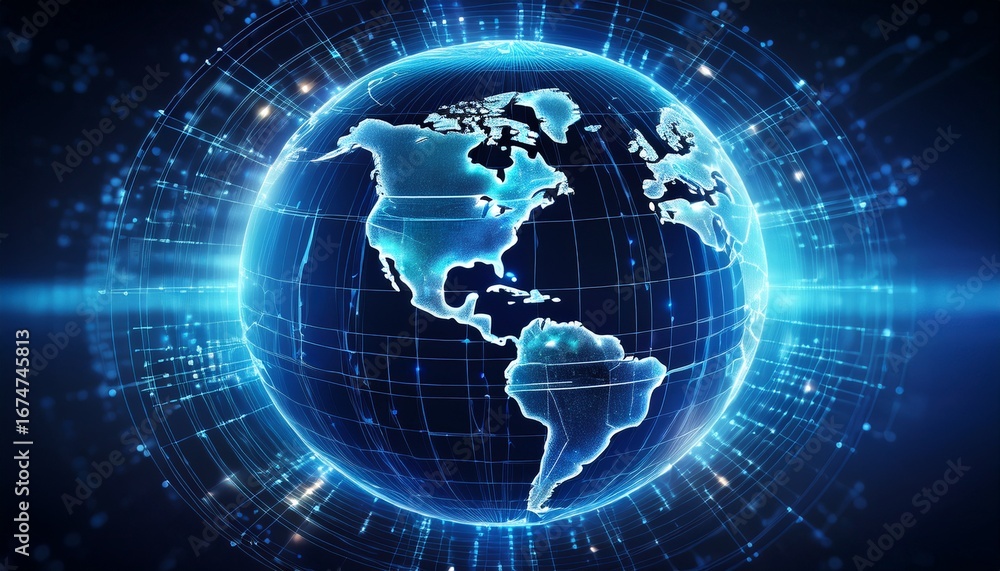Poster the globe is illuminated with digital connections showcasing global data networks in a striking blue