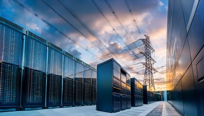 modern data center with outdoor servers and power lines at dusk under cloudy sky
