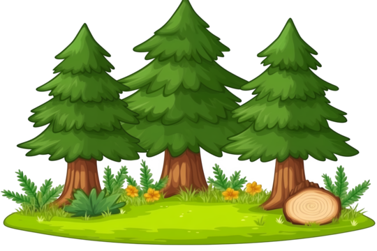 Three tall evergreen pine trees with green foliage and brown trunks in a forest clearing isolated on transparent background