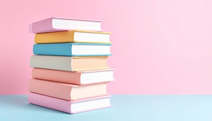 A stack of colorful hardback books against a pastel pink and light blue background.