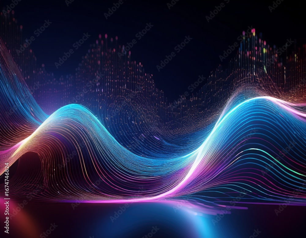 Poster abstract digital data stream glowing particles dark background tech presentation