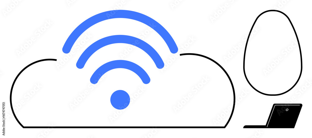 Poster cloud with wireless signal waves, representing internet connectivity. includes laptop and user silho