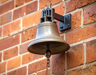 Obraz premium A bronze-colored metal bell hangs on a dark bracket attached to a red brick wall, with a pull cord dangling below.