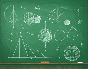 A green chalkboard displays various geometric shapes, diagrams, and mathematical formulas drawn in white chalk, representing concepts of geometry and spatial reasoning.