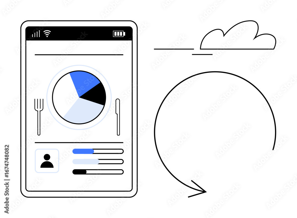 Aufkleber smartphone screen with pie chart, user profile tracker, and loop arrow representing process or cycle