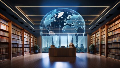 modern digital library room with virtual assistant displaying international case law for efficient research