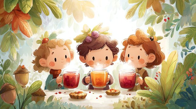 autumn woodland tea party with acorn cups and berry tart, children clinking cups, gentle steam curls, glowing backlight, pastel storybook palette, lush foliage framing