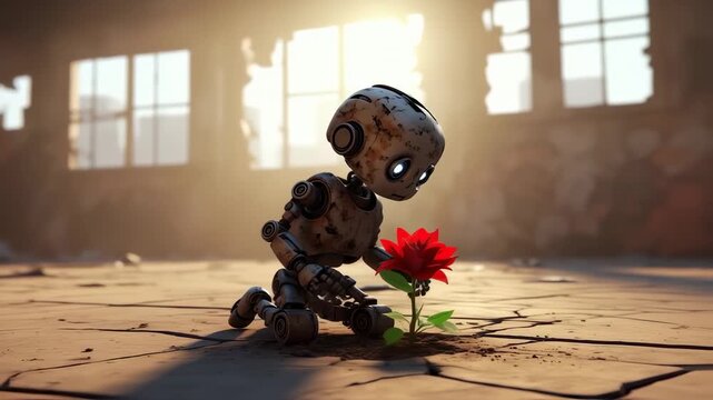Emotional Robot Tending a Flower in a Post-Apocalyptic World - Symbol of Hope