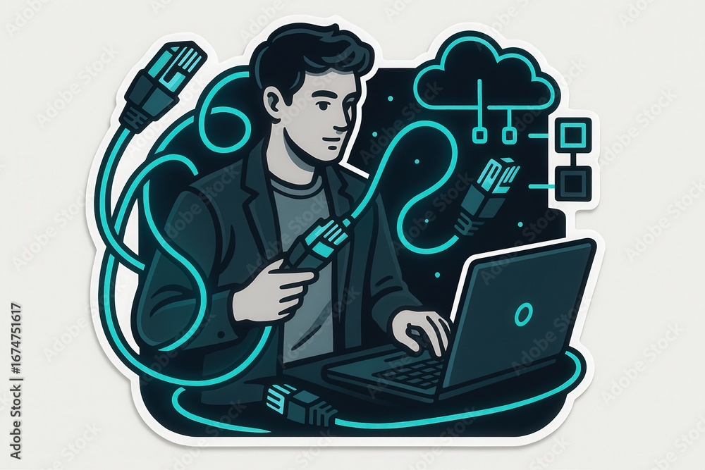 Poster a focused young professional engaging with technology while connecting cables to a laptop in a dynam