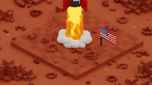 Isometric voxel rocket crash on Martian red terrain with American flag planted.