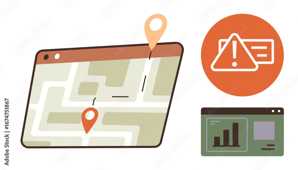 Poster digital map with location pins, warning notification icon, and analytics dashboard. ideal for naviga